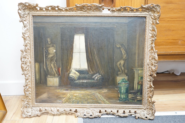 Hobson (School of Yves), oil on canvas, Interior study, signed, label verso, 48 x 60cm, ornately framed. Condition - some paint chips